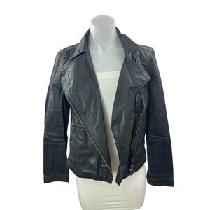 Eileen Fisher Black Faux Vegan Leather Long Sleeve Zip Moto Biker Coat Jacket XS